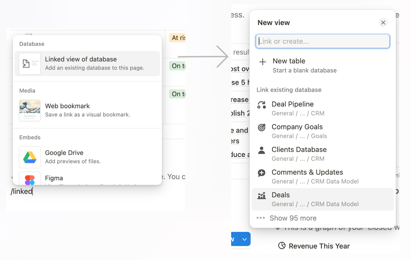 Creating a linked database view in Notion from scratch.