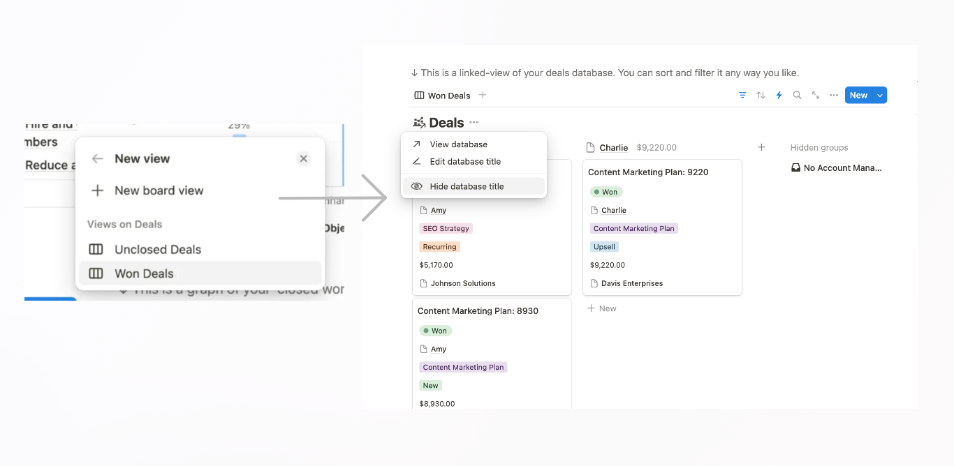 Choosing a “starter” linked database view in Notion.
