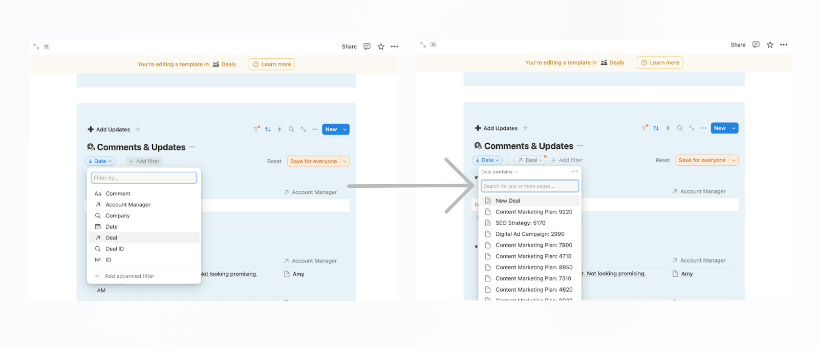 Setting up a self-referencing database template in Notion.
