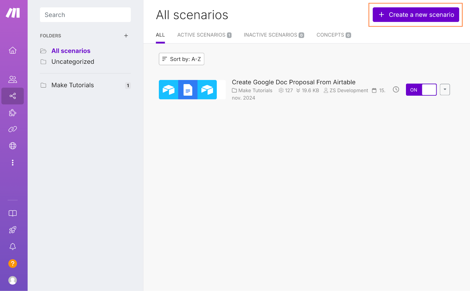 The Make Scenarios tab with the Create a new scenario button highlighted.