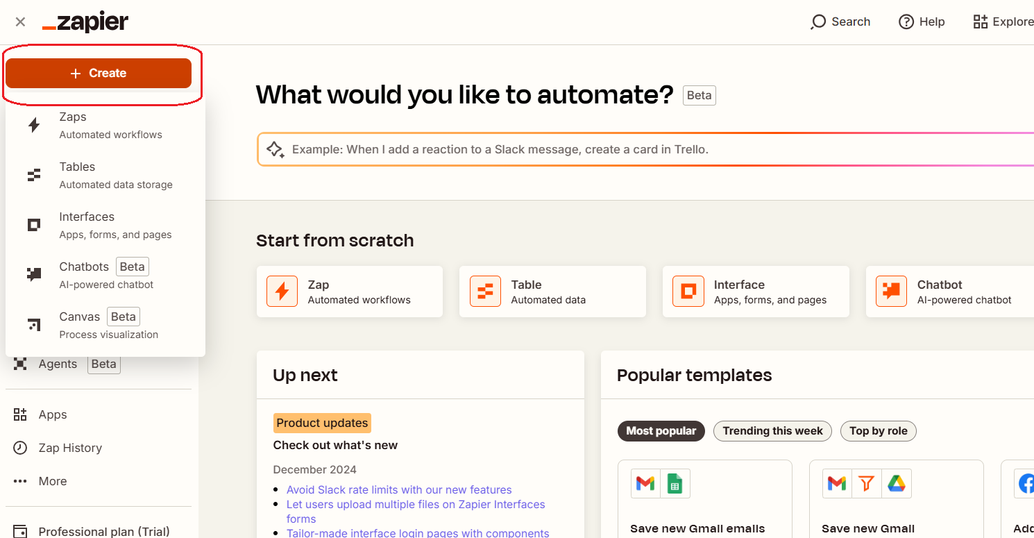 Zapier account home screen, with the Create button highlighted and the Create dropdown visible.