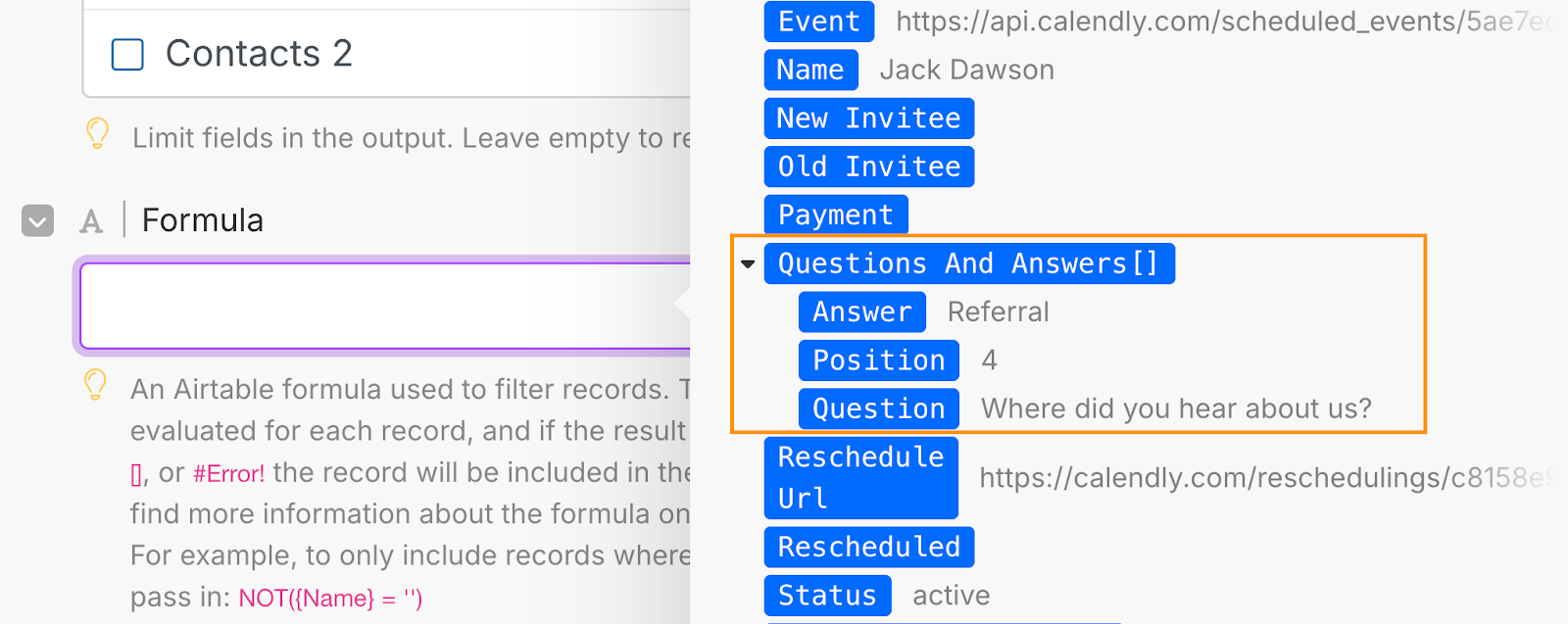 An Airtable formula value box with a list of data from a Calendly form submission. The Question and Answers data is highlighted.