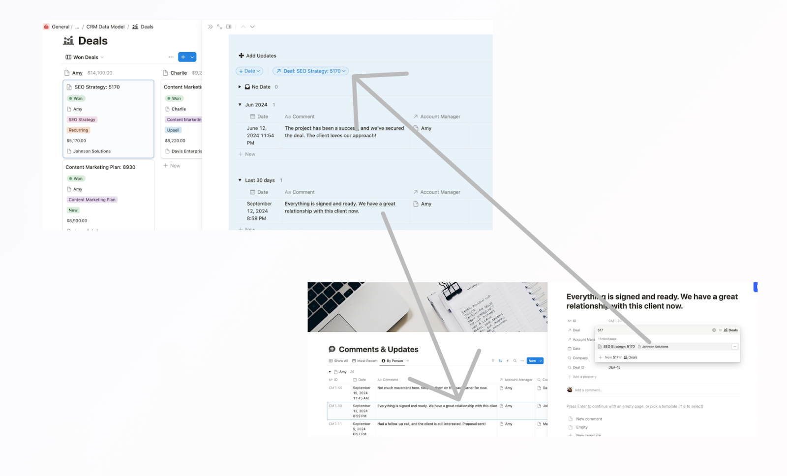 A self-referencing database in action showing the two-way relationship where the "Comments & Updates" are listed on a deal’s landing page as well as being automatically linked to the deal elsewhere in the system.
