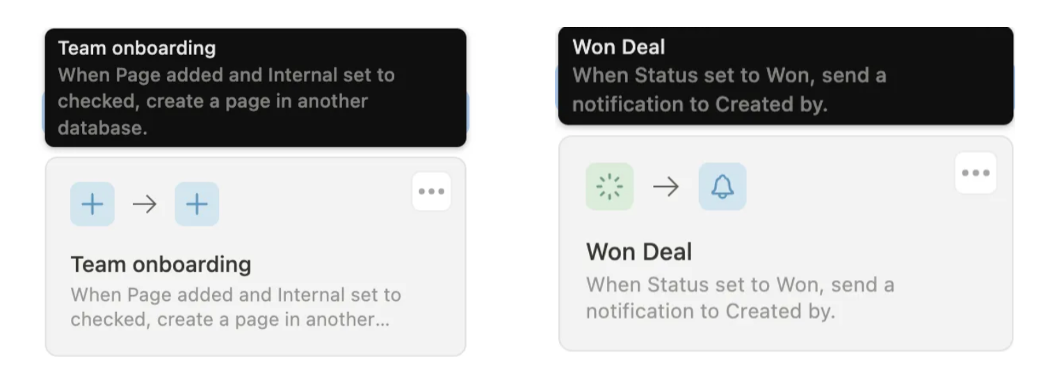 Examples of native database automations in Notion.