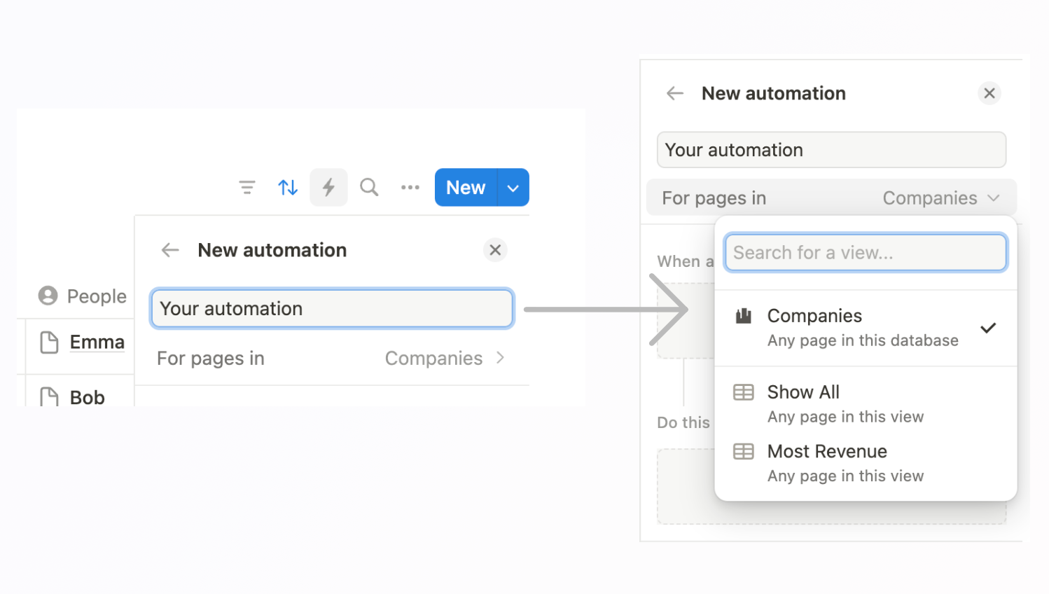 Creating a new Notion database automation.