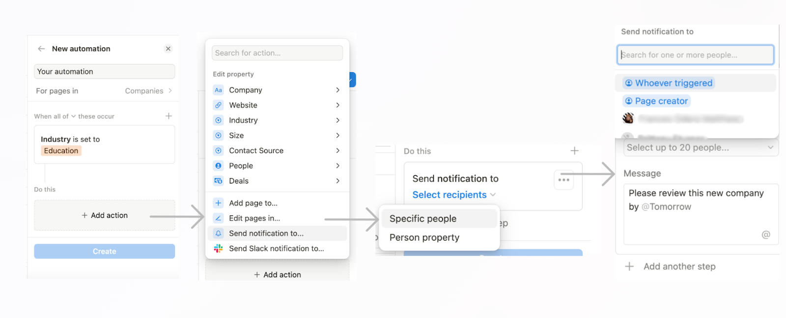 Notion automation that notifies a specific person when a company within a specific industry is added to the company database.