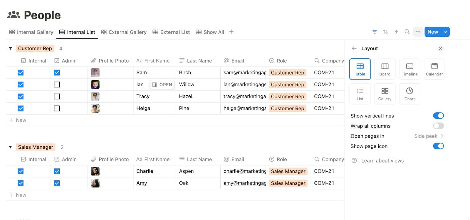 Database layout menu in Notion.