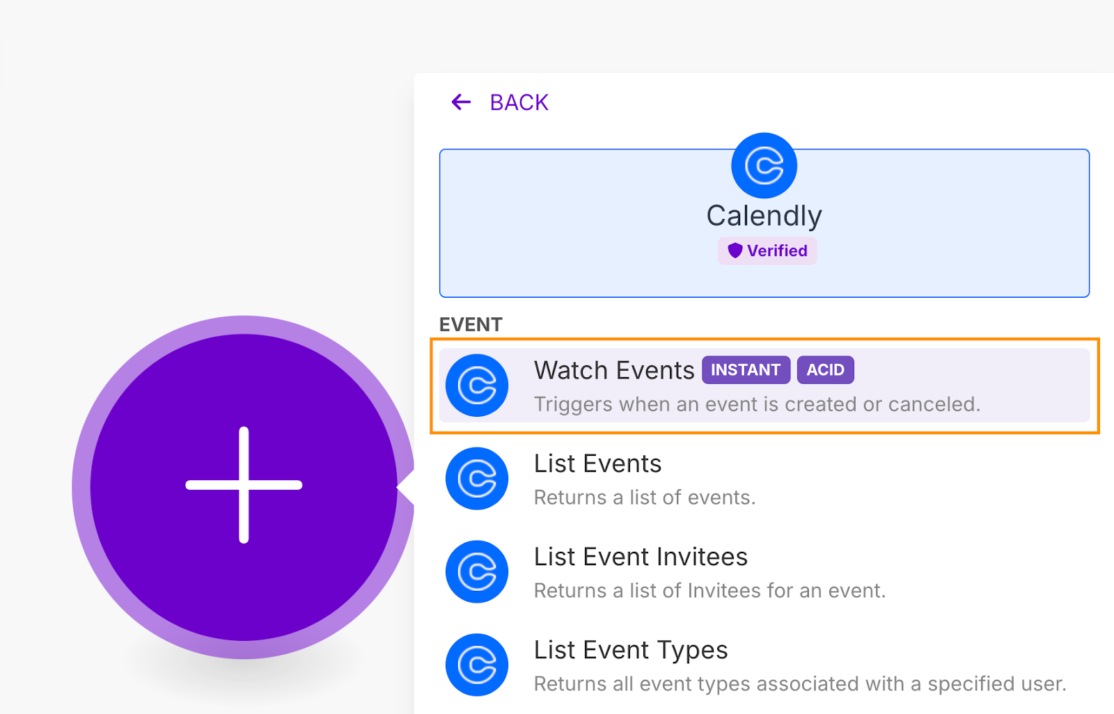 Adding a trigger module in Make by selecting Calendly and the Watch Events module.