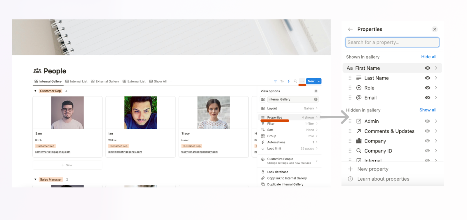 Hiding properties within a view in Notion.