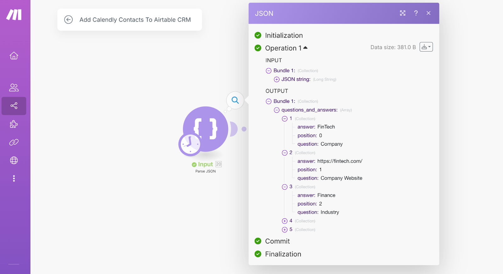 The data structure for a Make workspace entitled Add Calendly Contacts to Airtable CRM.