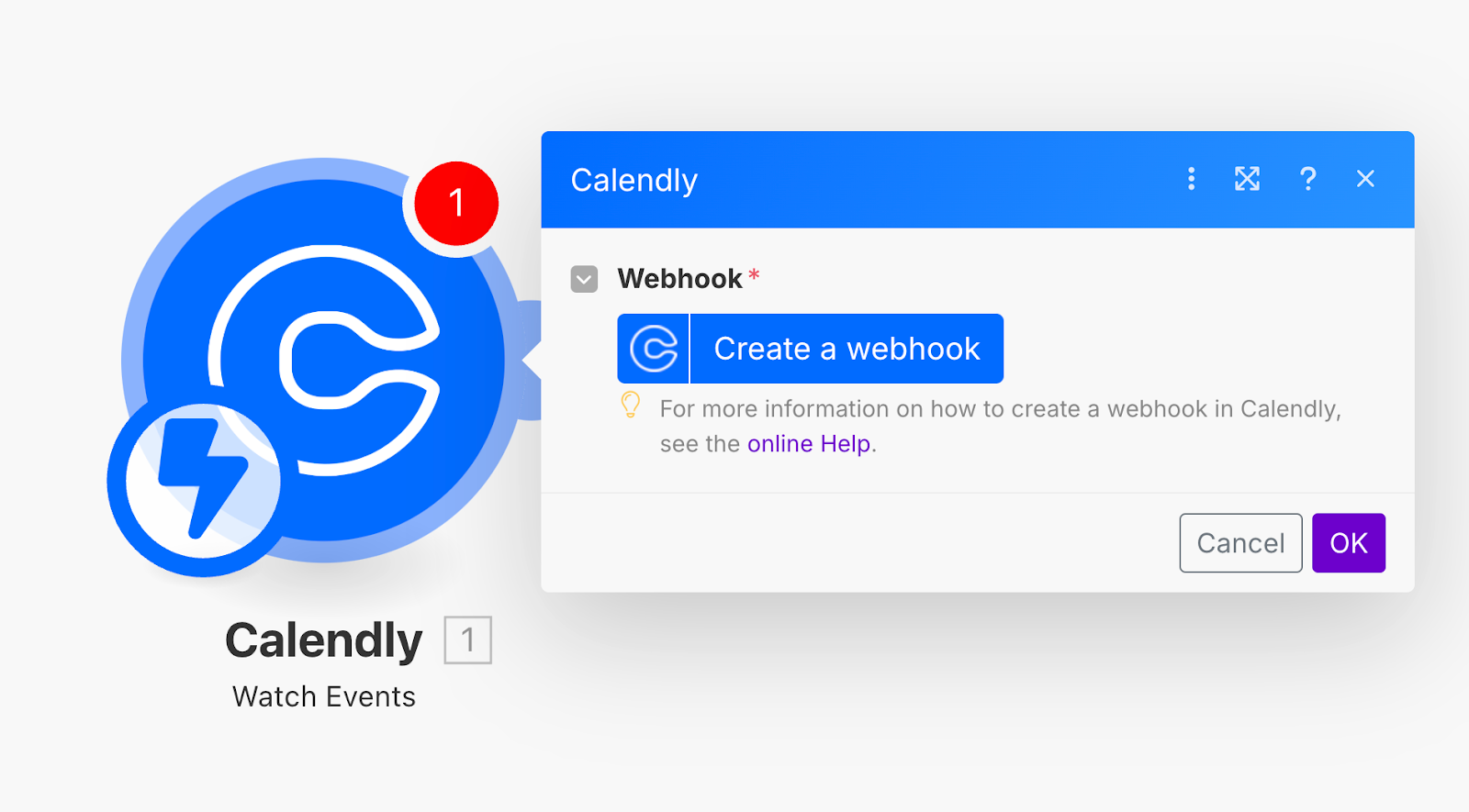 The Make prompt to create a webhook after adding a trigger module.