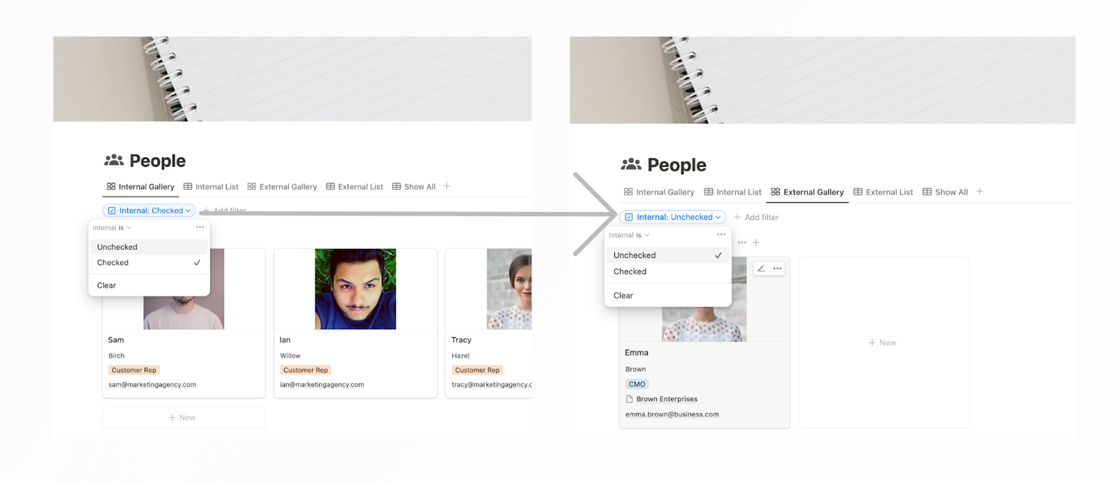Using filters in “opposite views” in Notion.