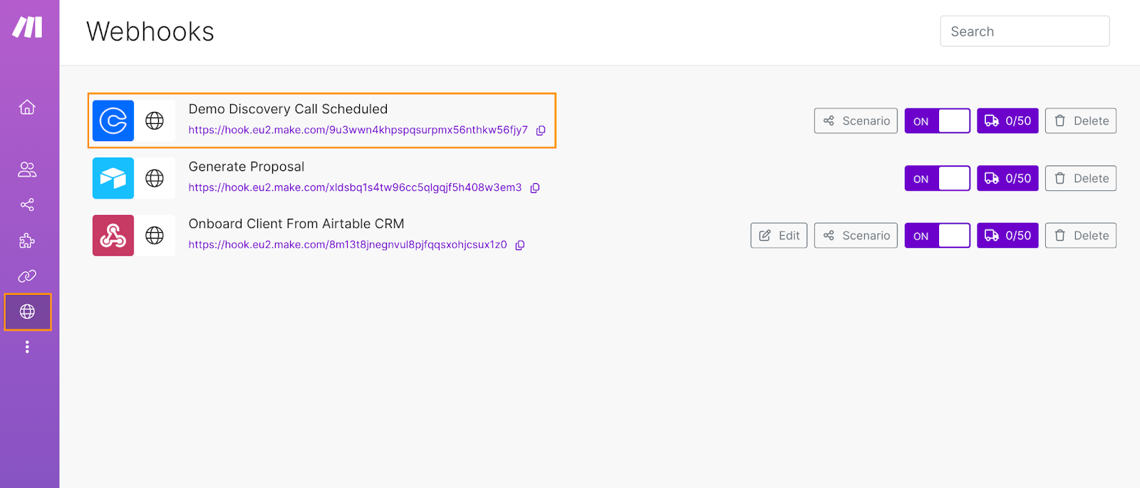 List of example Webhooks in Make.