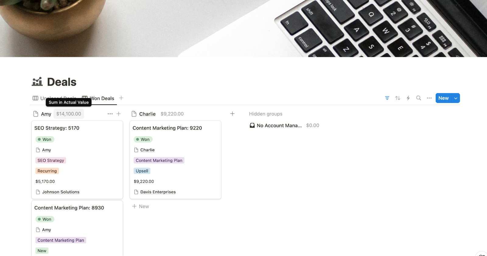 Segmenting Deals by account manager in a Board layout in Notion.