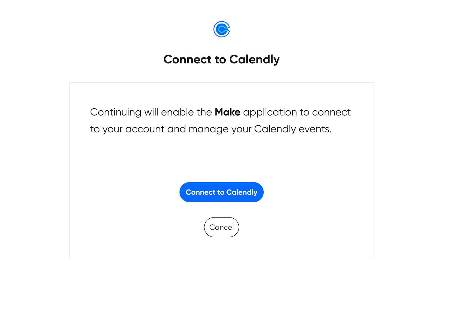 Calendly's authorization page for granting Make account permissions.