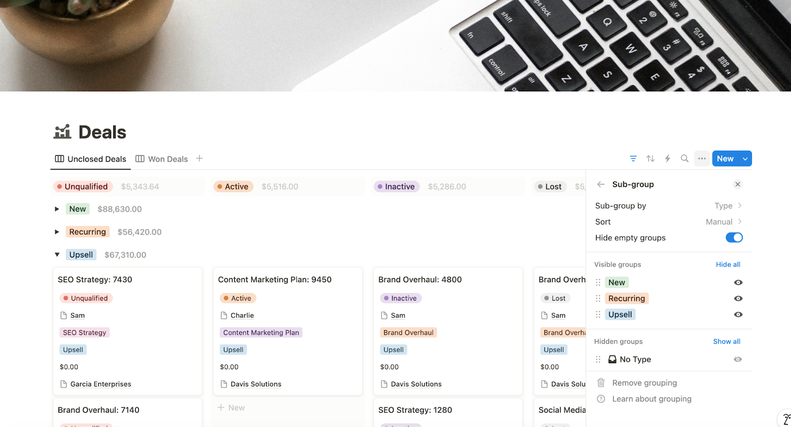 Sub-grouping Deals by Type (New, Recurring, Upsell) in a Board layout in Notion.