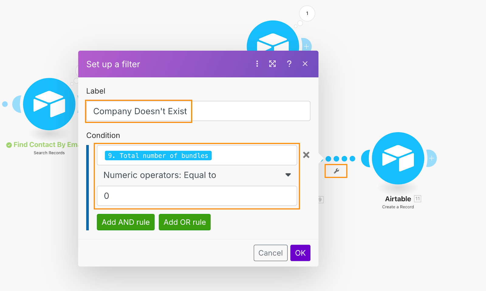 A Set up a filter dialogue box in Make with the Label Company Doesn't Exist, the Condition set to Total number of bundles and the Numeric operators equal to zero.