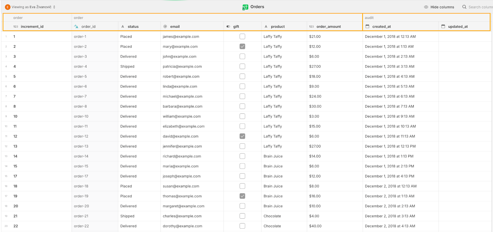 The Glide Data editor, showing data columns that have been grouped into categories.