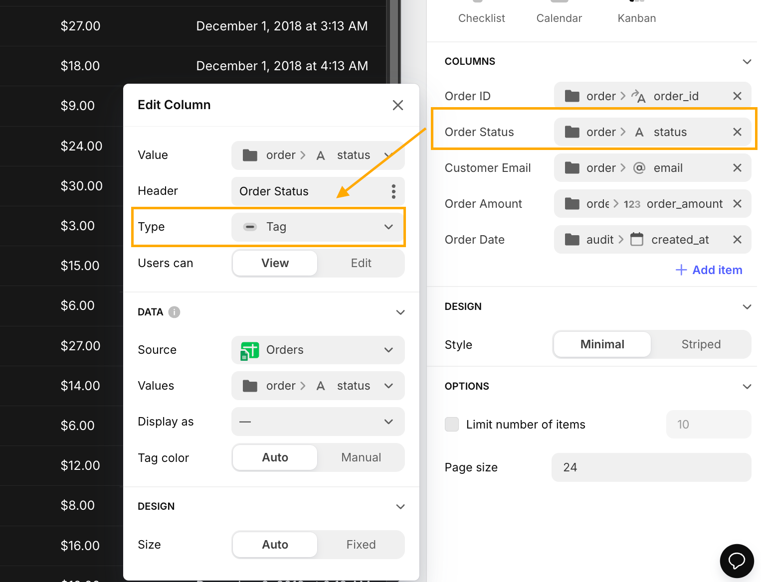 Using the Glide app builder to change the type of column in a table from Auto to Tag.
