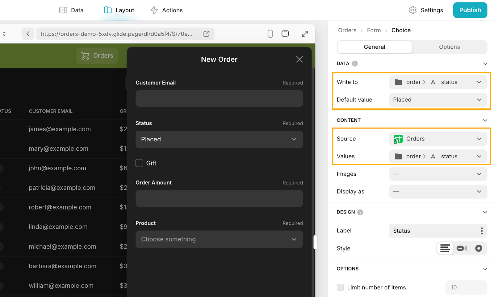 The Choice form options in Glide for Data (Write to) and Content (Source) and their respective Values.