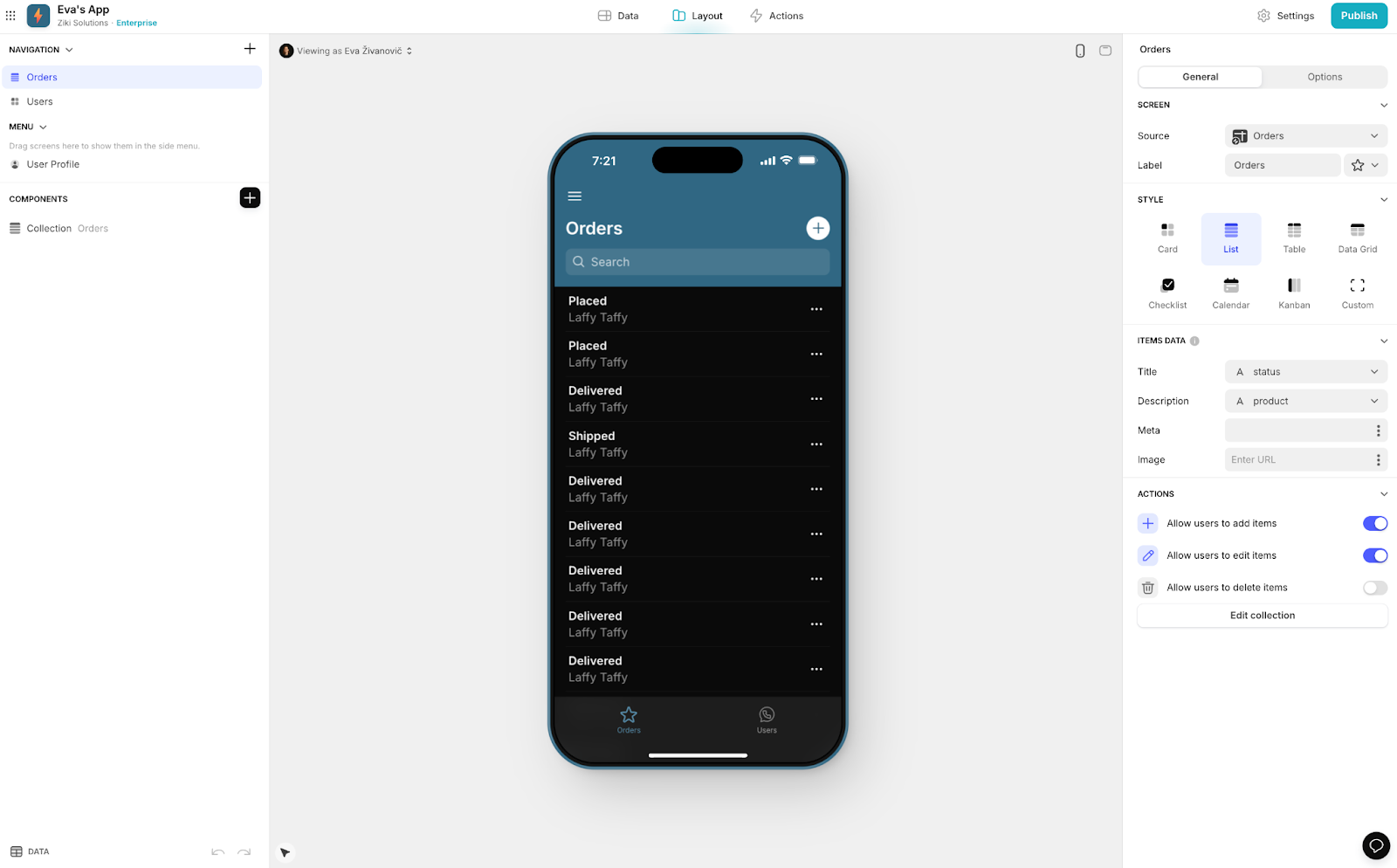 Glide app builder showing a sample app.