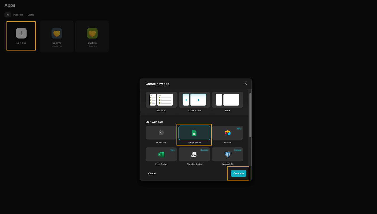 Creating a new app in Glide using data from Google Sheets.