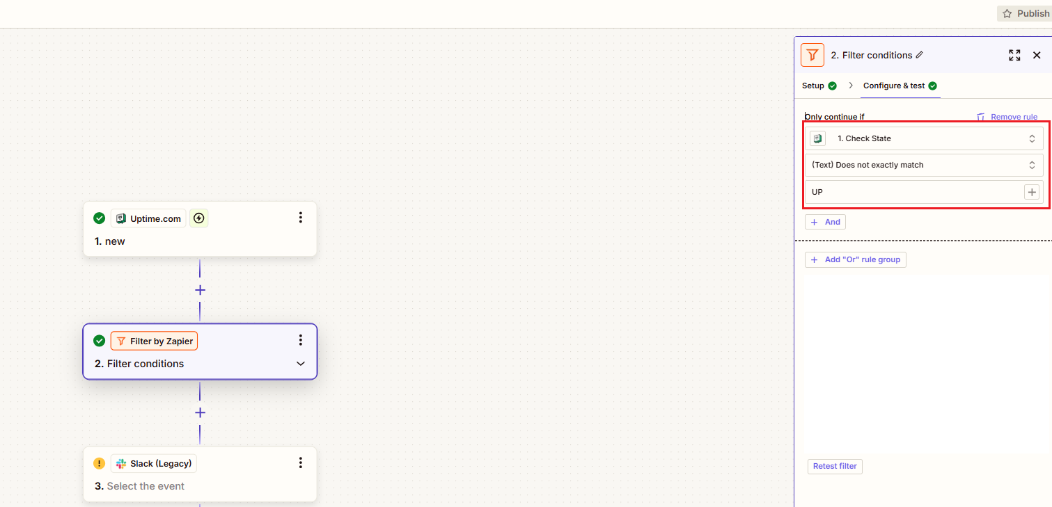 Creating Zapier filter conditions to send a notification when website status is down.