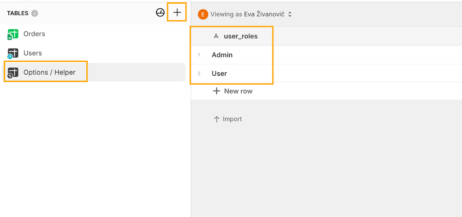 Using the Tables sidebar in Glide to create a new table and add user roles.