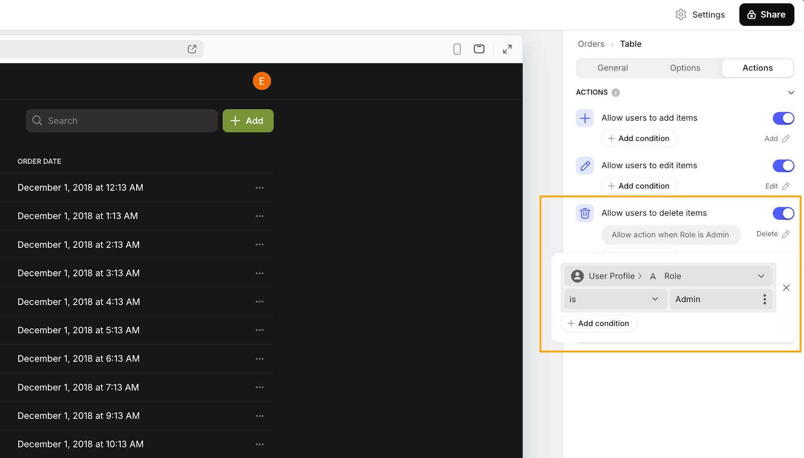 A Glide table highlighting two options: Allowing users to delete table items and controlling permissions of that action to a specific user profile.