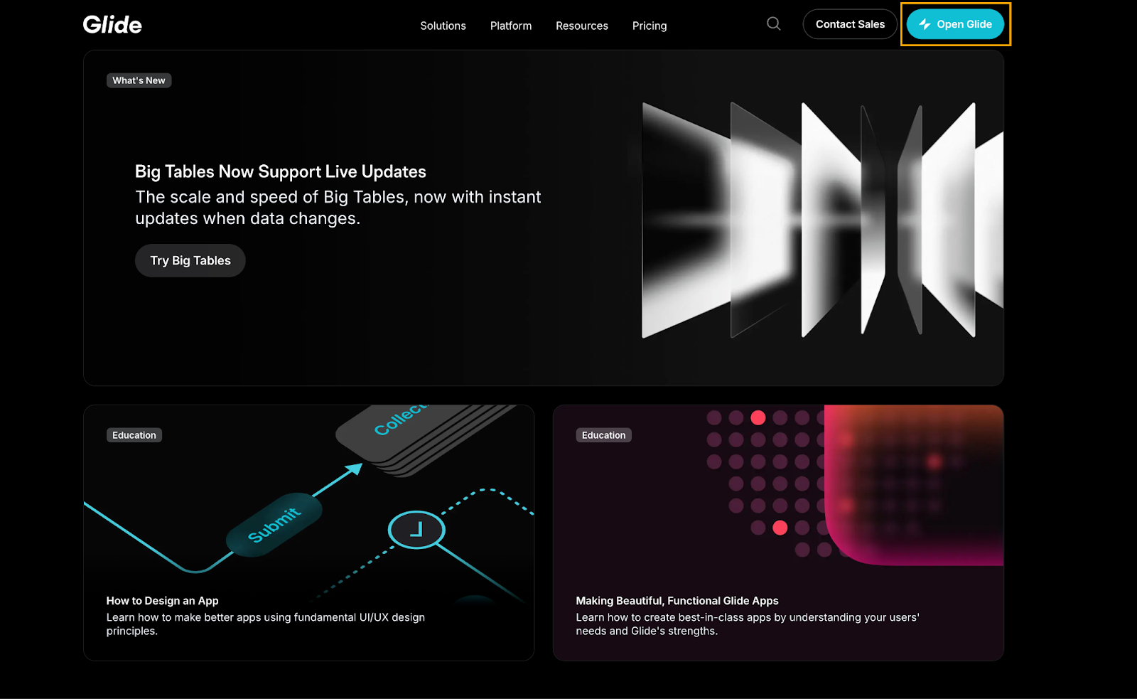The Glide homepage.