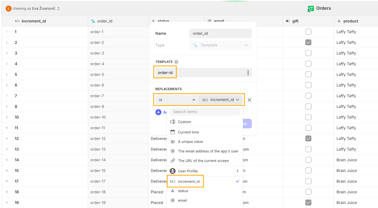 Adding a column, called order_id, to a Glide dataset in order to give each data entry a unique ID.