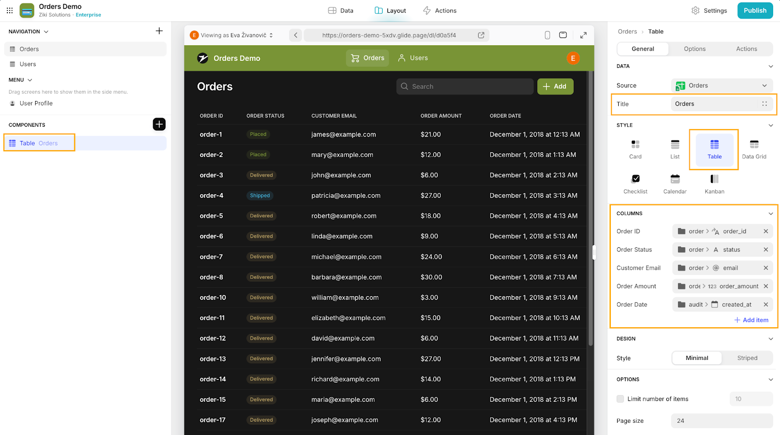 Using Glide app builder to change the view of app data from list to table, name the view and adjust the table columns.