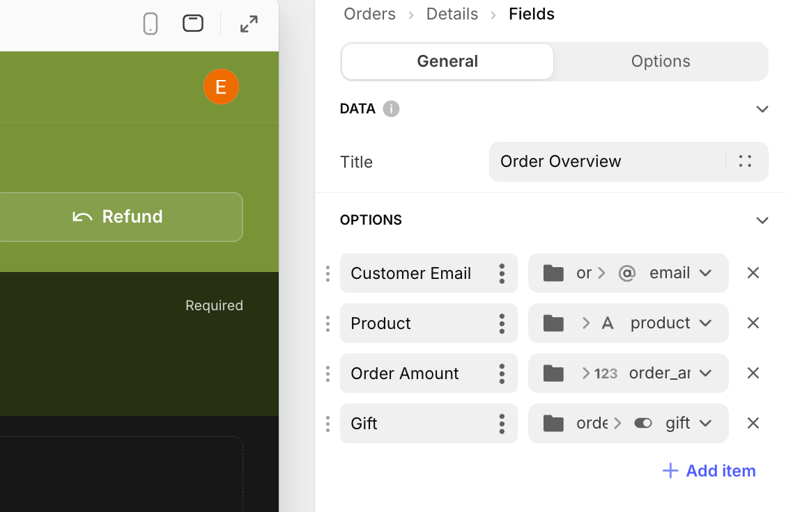 The options for a Field component in a Glide app.