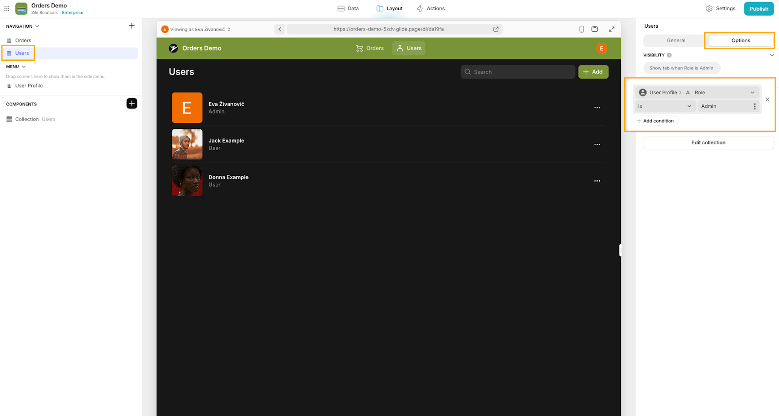 Options for setting user profiles on the Users tab in a Glide app.