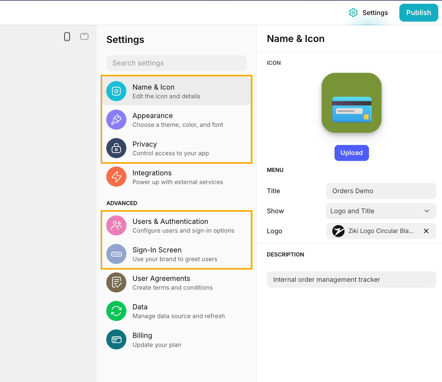 Settings options for a Glide app with Name & Icon, Appearance, Privacy, Users & Authentication and Sign-In Screen highlighted.