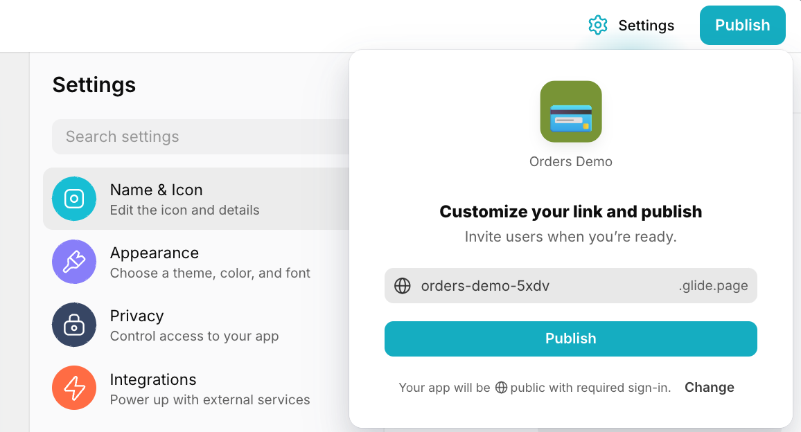 Glide app dialogue box with the option to customize the app link and a button to publish the app.