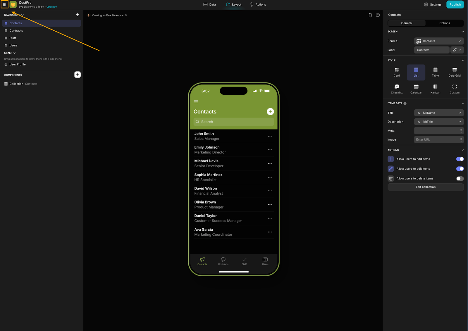 A basic Glide-generated app with sample data and initial interface.
