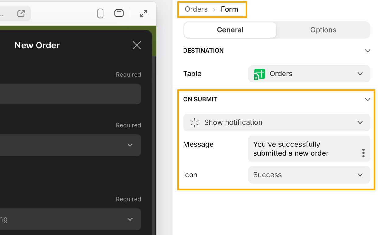 The options for a 'New Item' form in Glide.
