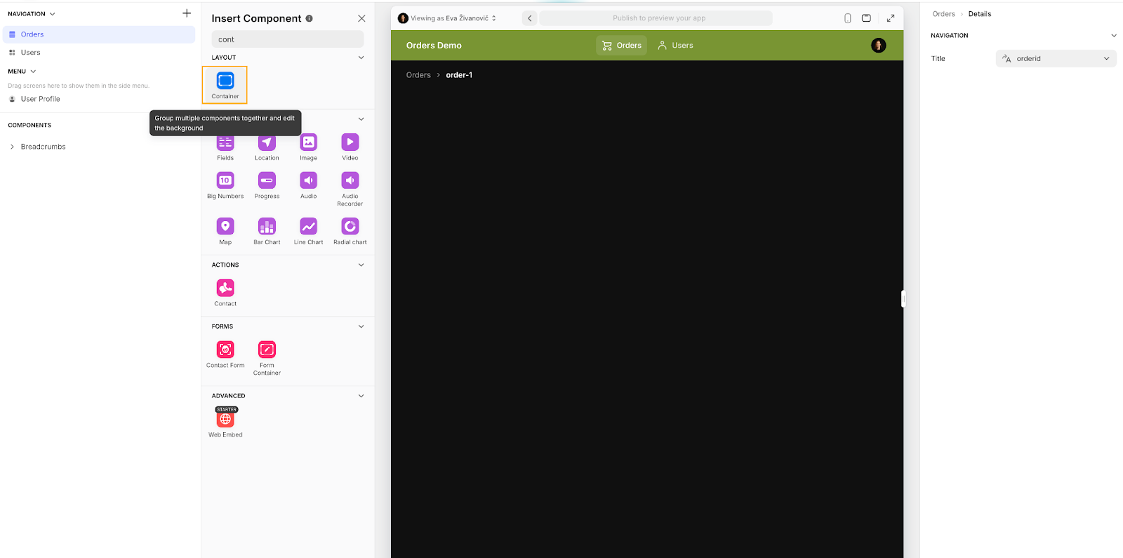 How to add a Container component in a Glide app.