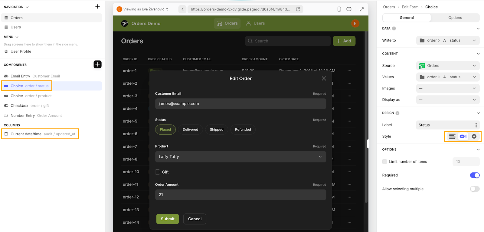How to set up a form to edit data items in a table in a Glide app.