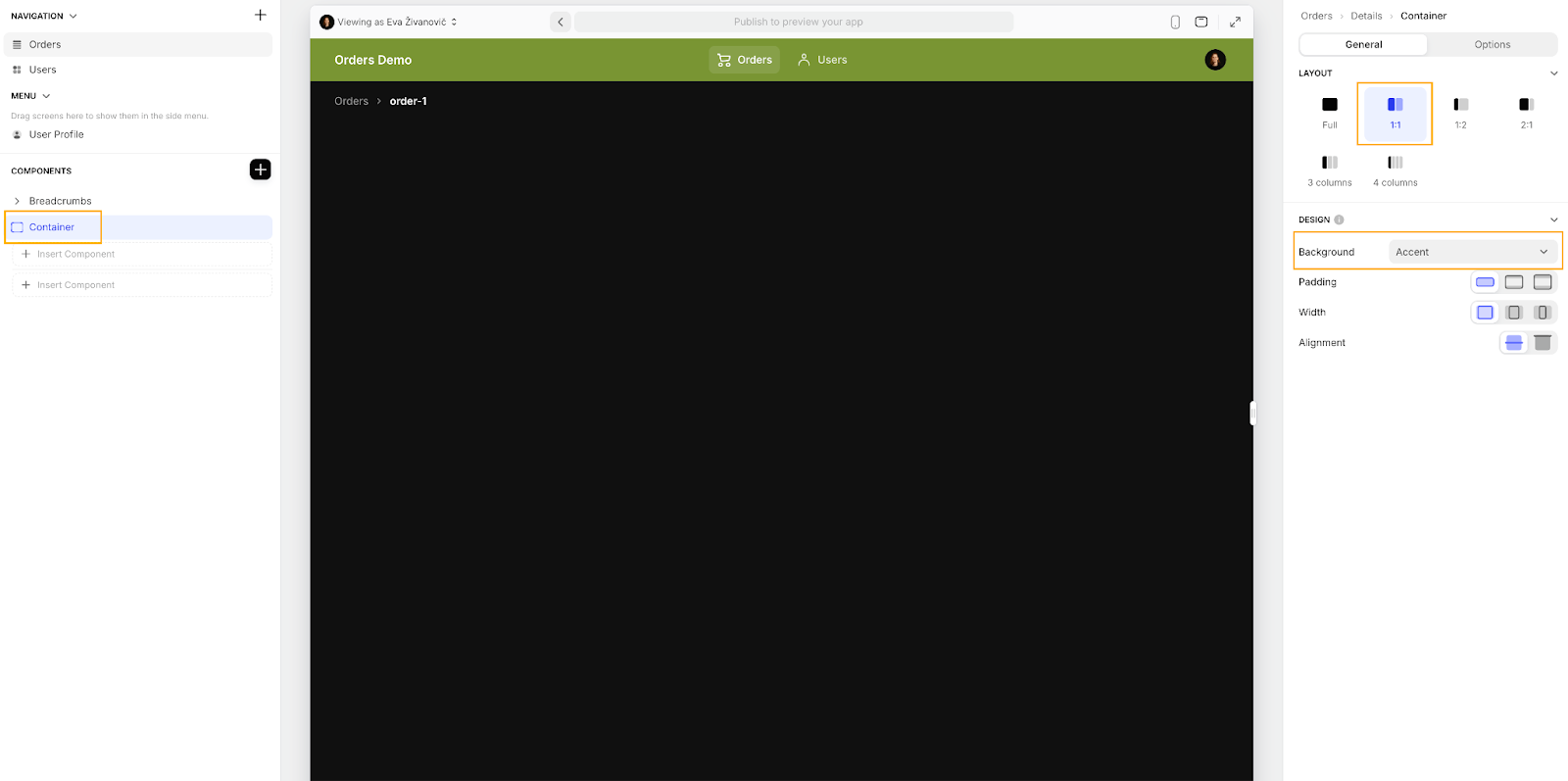 Options for configuring a Container in a Glide app with a 1:1 layout and an Accent Background highlighted.