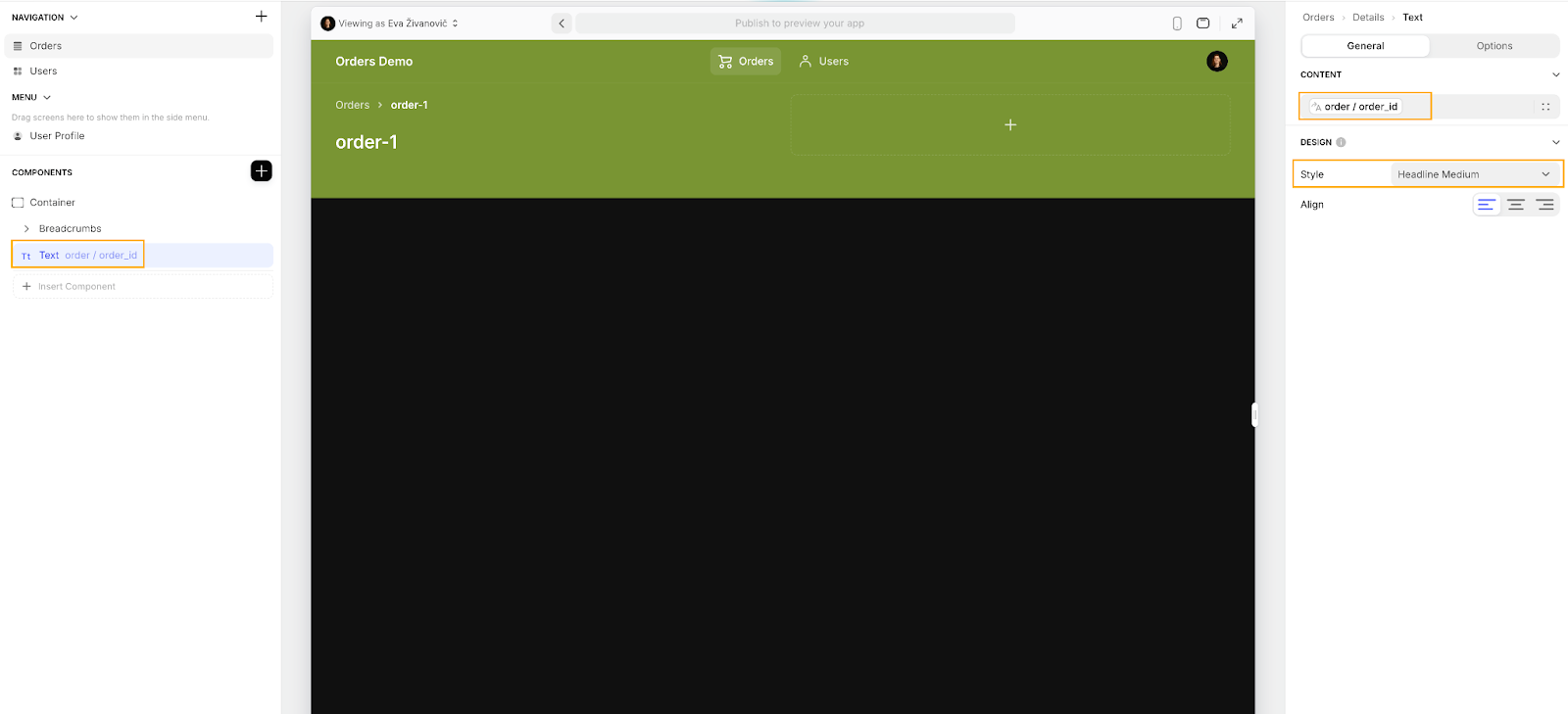 A Container in a Glide App with the Breadcrumbs component in the upper section and a text component below it.