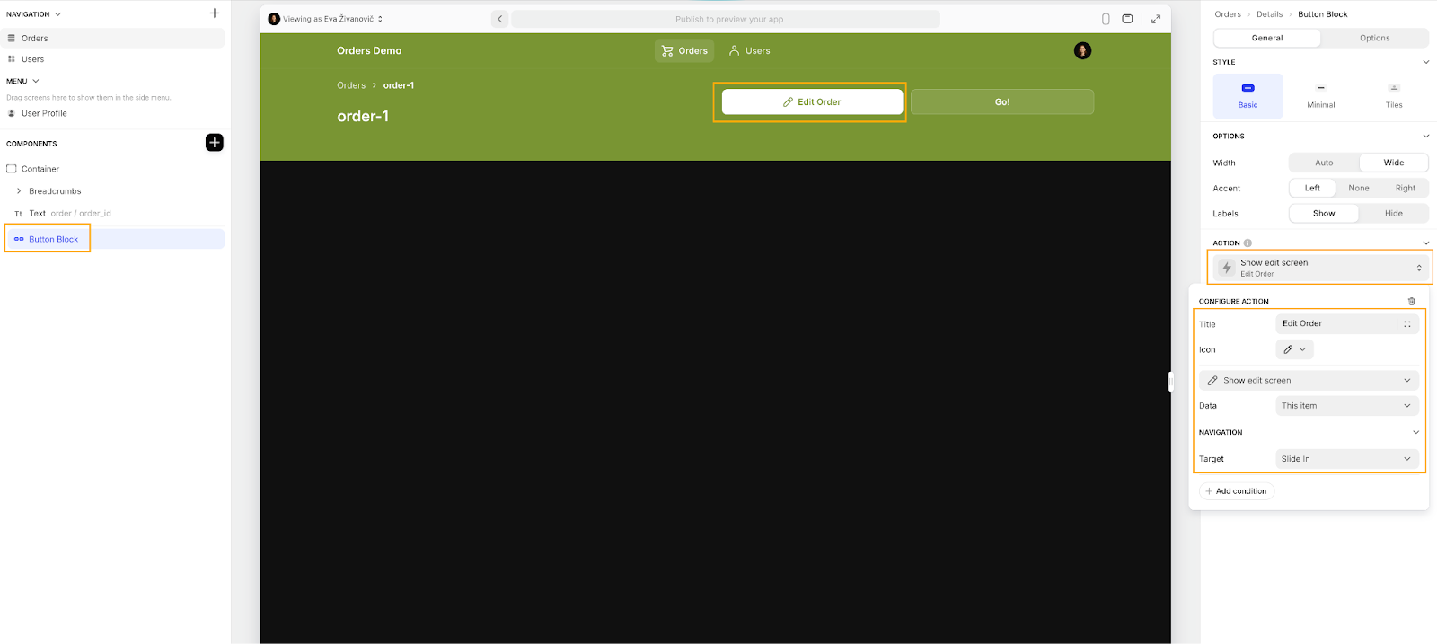 Using a Button Block component in a Glide app to edit entries in a table by selecting 'Show edit screen'.