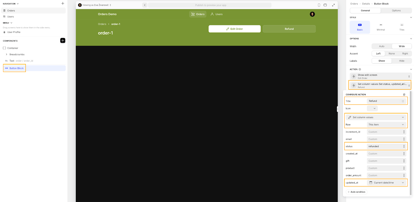 Setting up an action for a Button Block in a Glide app that will update data entries in a table.