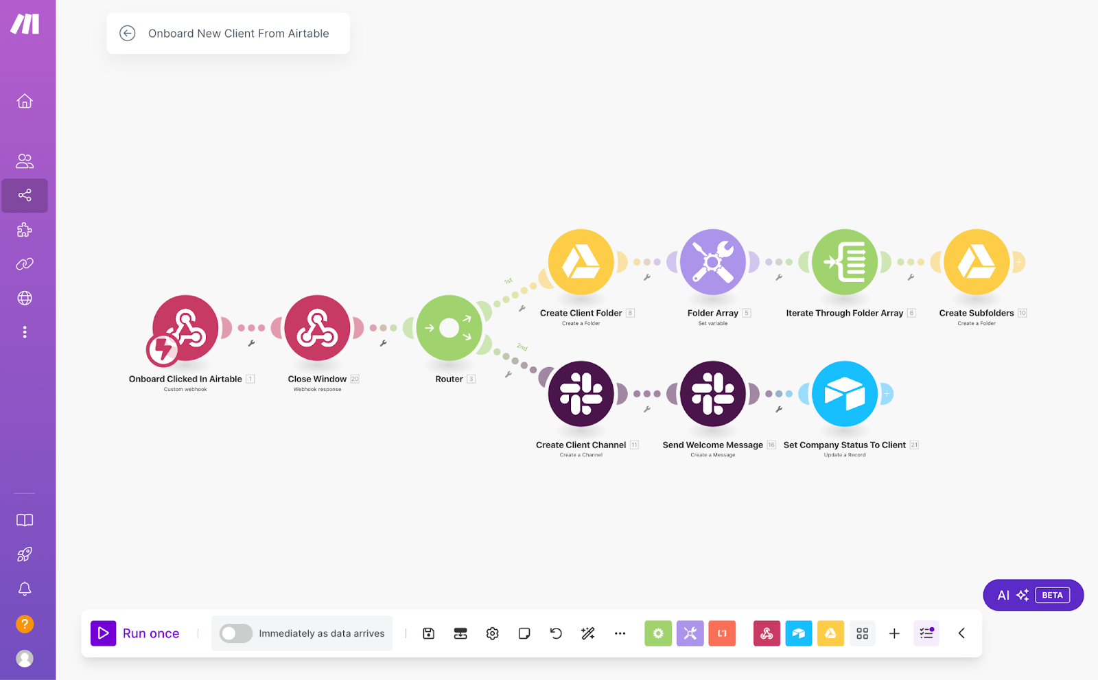 A Make scenario entitled Onboard New Client From Airtable.