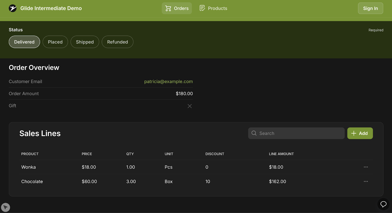 An order management app created in Glide.
