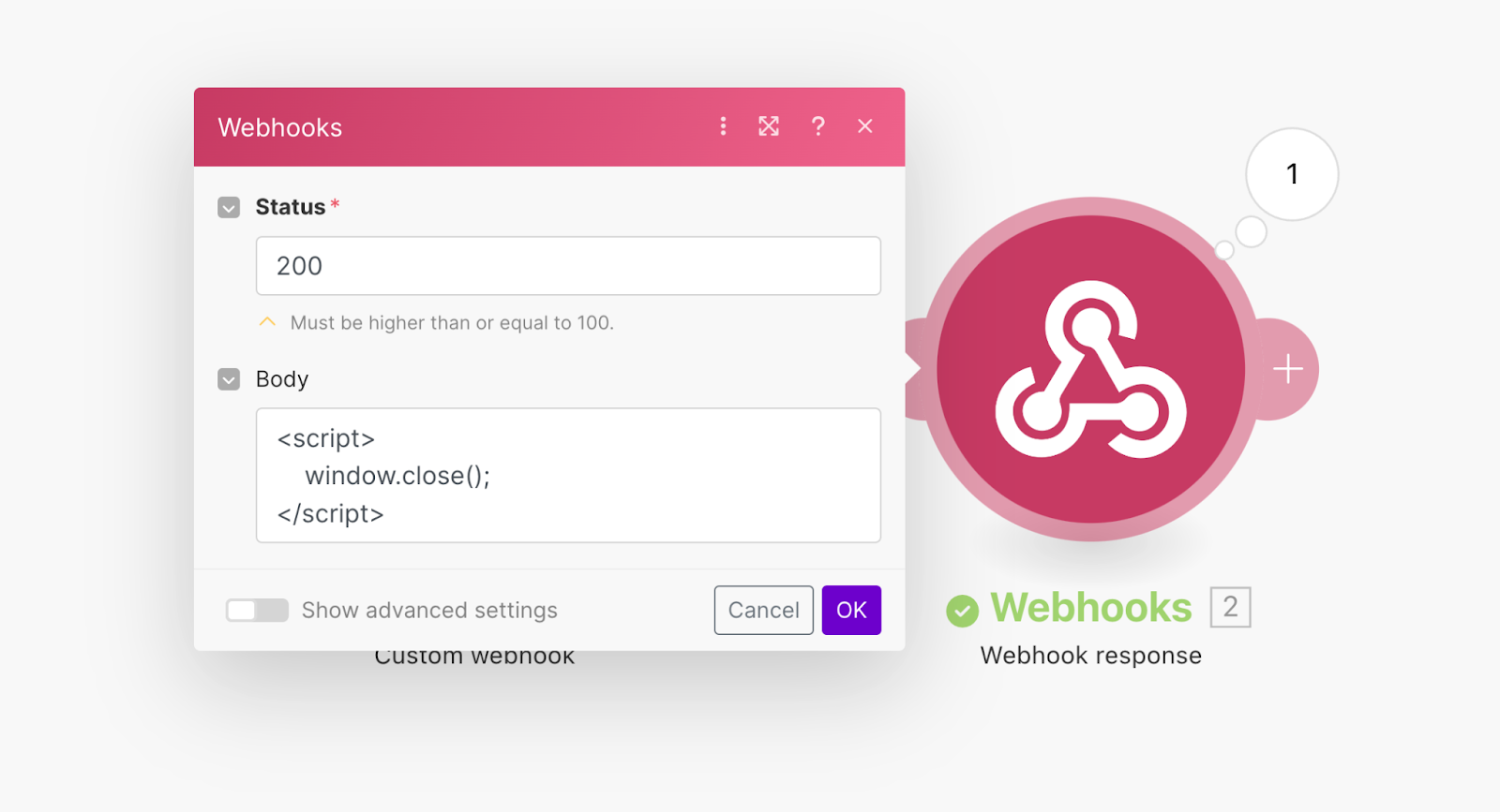 The Webhook Response module settings in Make, which has two fields: Status and Body. Here Status has been set to 200 and the following JavaScript was added in the Body field: <script> window.close(); </script>.