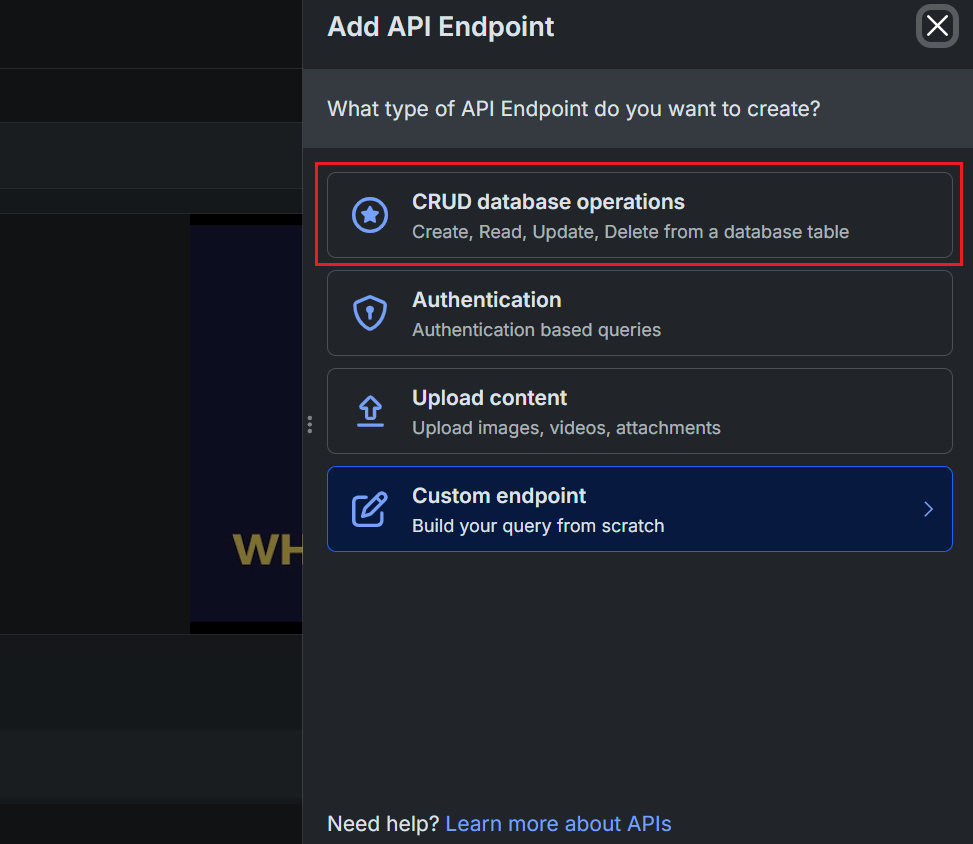 A modal box in Xano asking what type of API endpoints you want to create. The option CRUD database operations is highlighted.