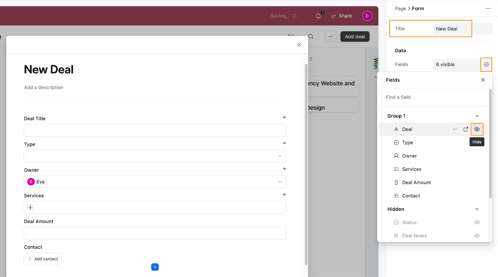 Airtable workspace showing a form called New Deal and the Form settings pane.