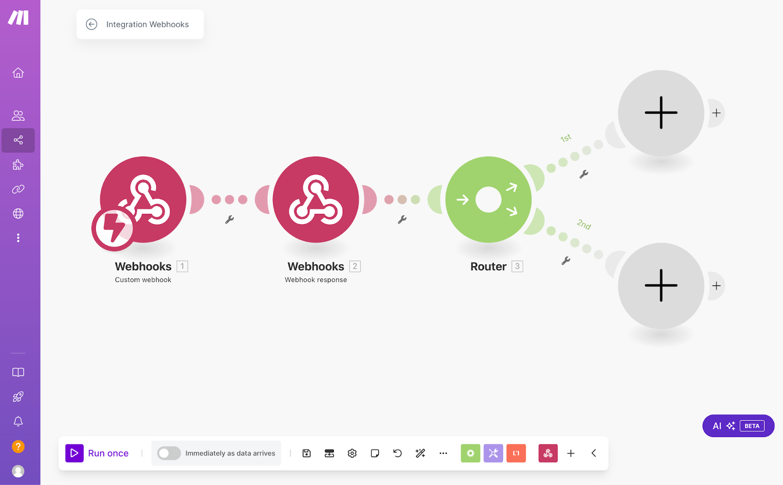 A Make scenario with a custom webhooks module, a webhooks response module and a router module.
